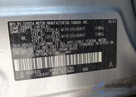 2021 Toyota Rav4 Le z USA, uszkodzony, nr VIN 2T3G1RFV0MC181249